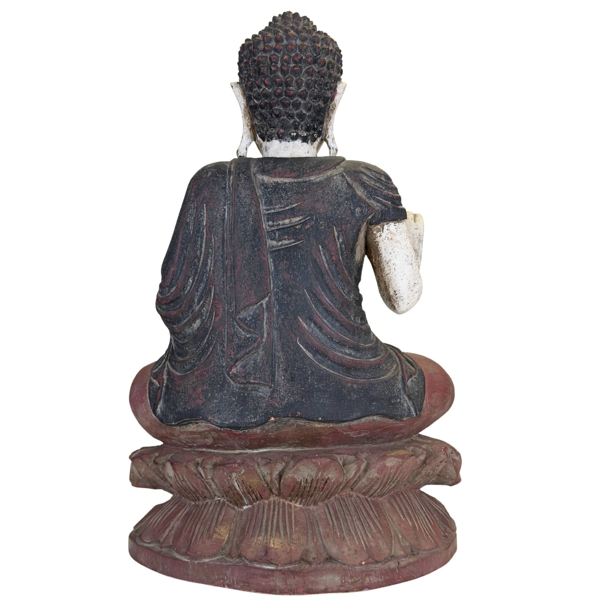 Chinese wooden Buddha statue with red and black robe, hand-carved folds and weathered paintwork