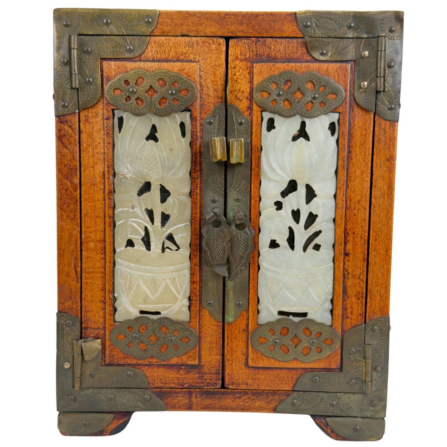 Chinese wooden jewelry box with carved light green stone panels and brass-colored fittings
