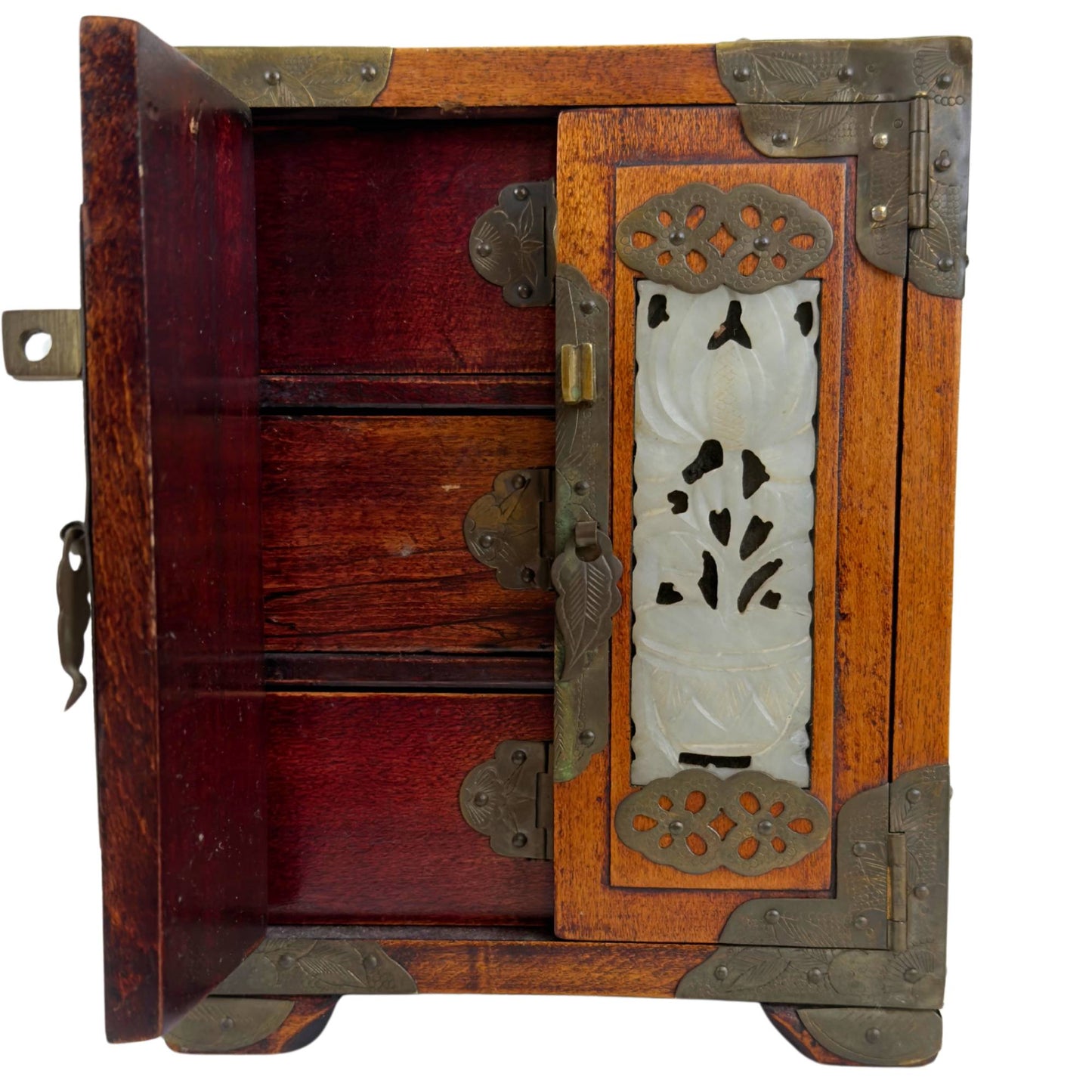 Chinese jewelry box with brass-colored corner fittings, hinges, and central clasp