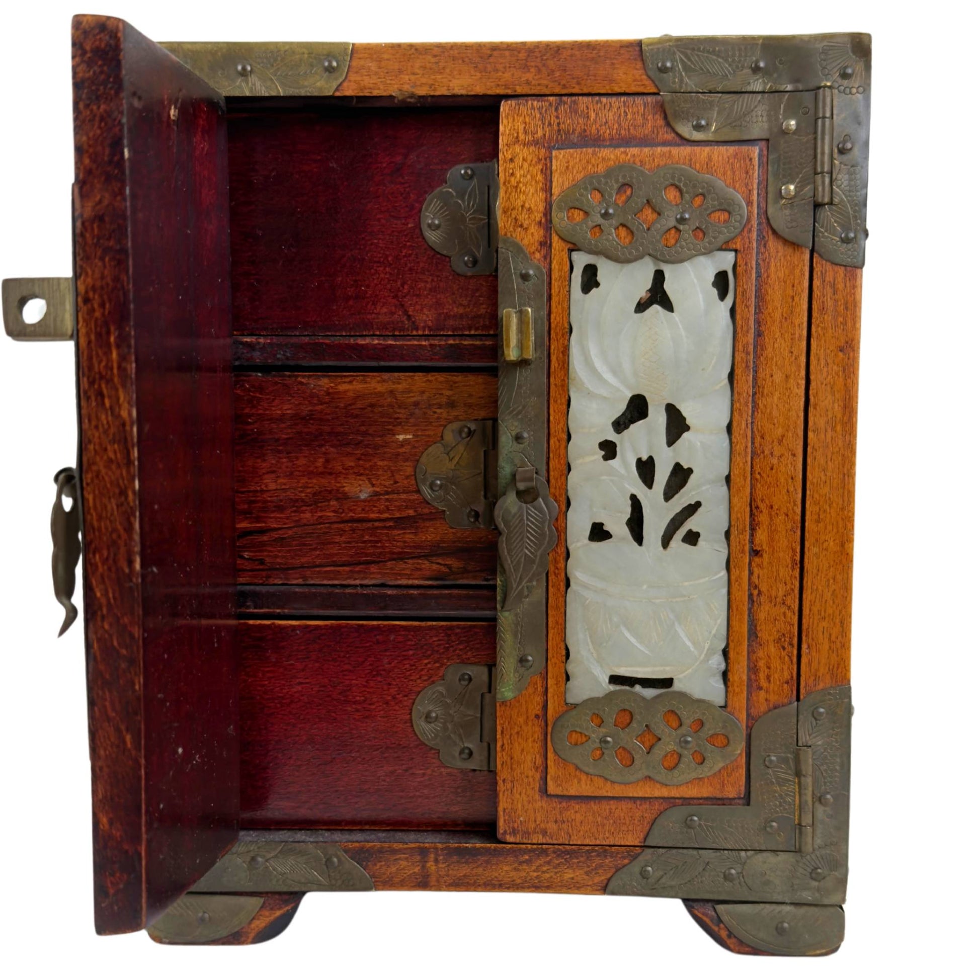 Chinese jewelry box with brass-colored corner fittings, hinges, and central clasp