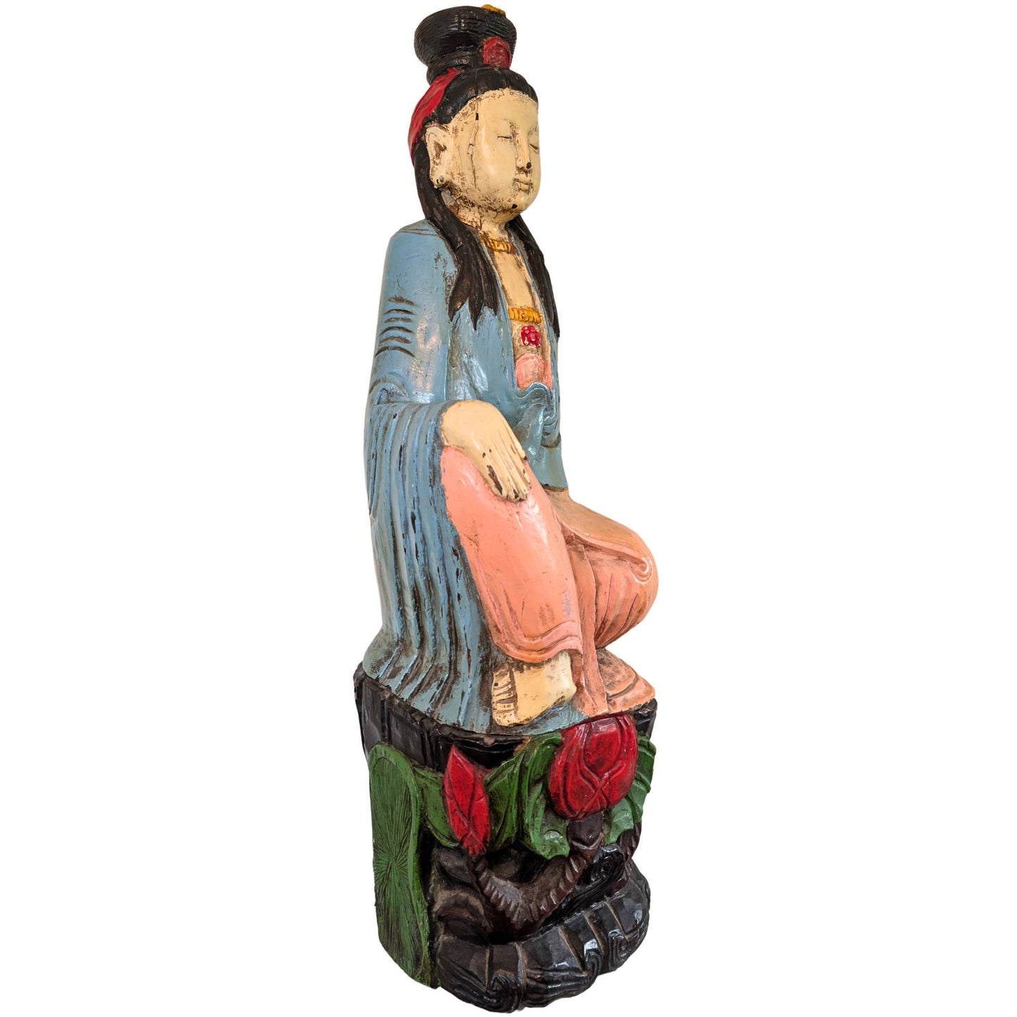 Chinese wooden Kwanyin statue, 88 cm, with old polychromy and signs of use