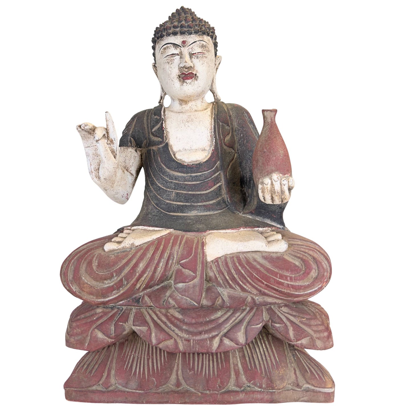 Hand-painted Chinese Medicine Buddha statue made of wood on red lotus throne with white complexion and dark cloak