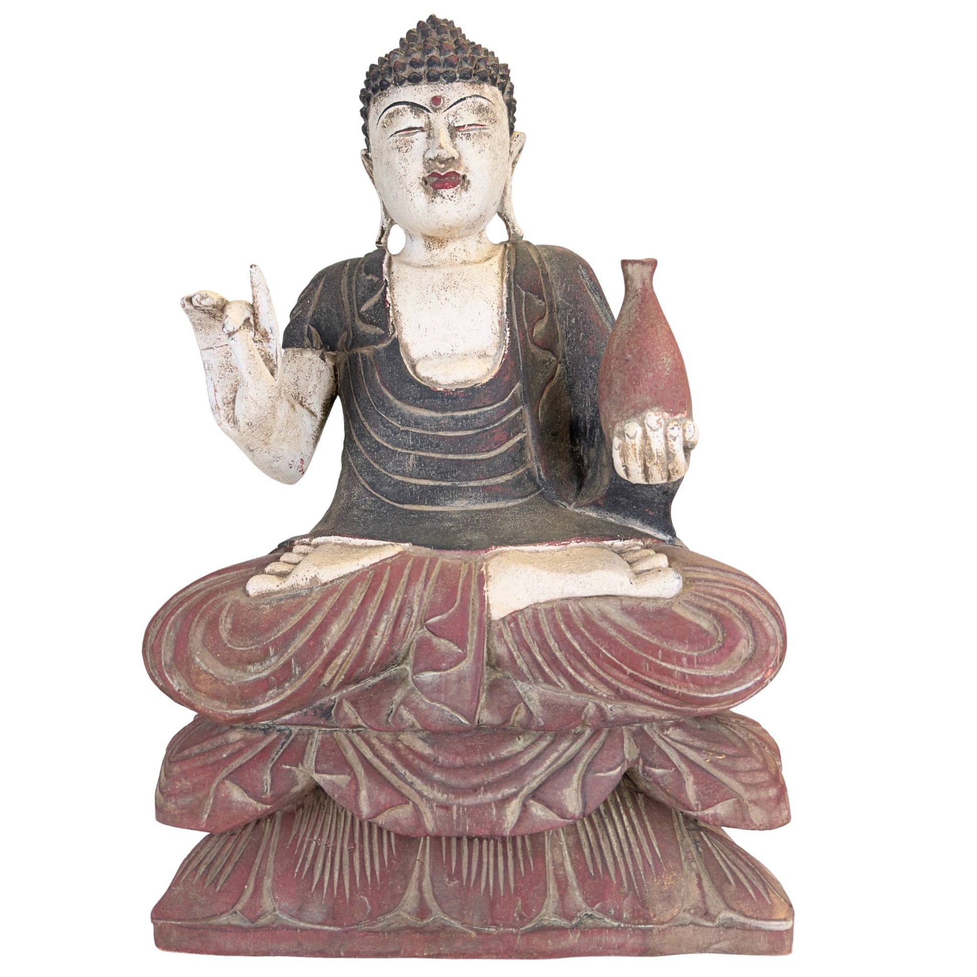 Hand-painted Chinese Medicine Buddha statue made of wood on red lotus throne with white complexion and dark cloak