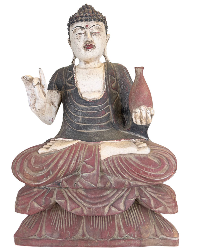 Statue de Bouddha de la médecine chinoise sur trône de lotus – Bois – H 43 cm