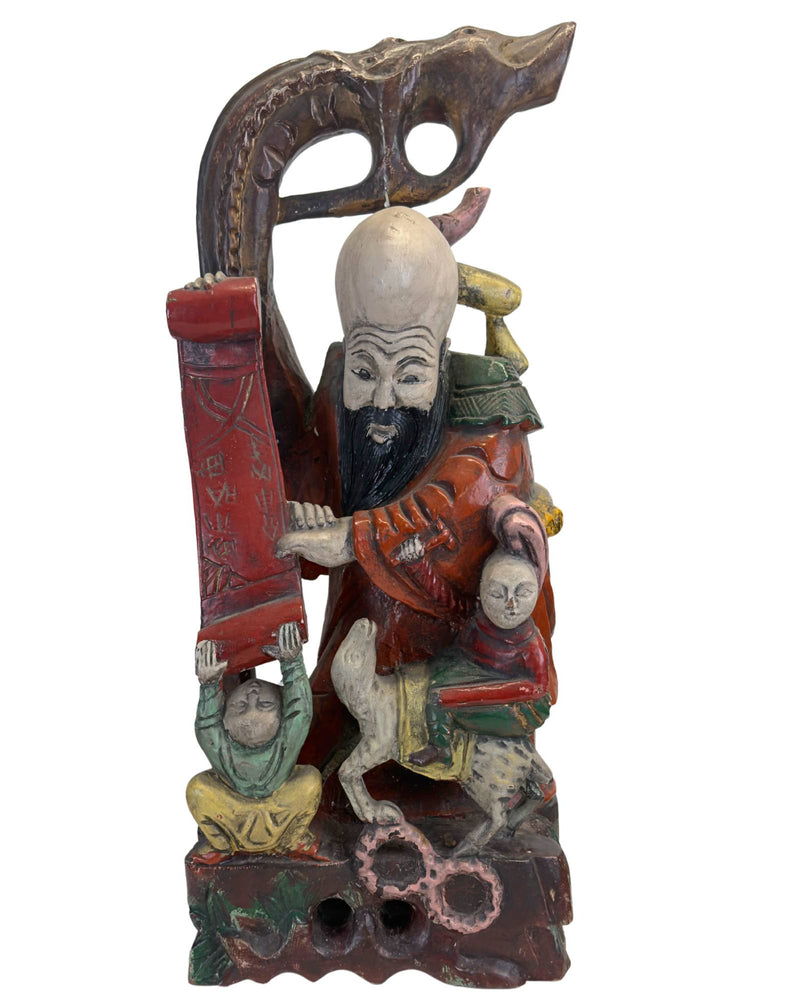 Sculpture monumentale Shoulao en teck chinois sculptée à la main – Dieu de la longévité (65,5 x 27,5 cm / 8,6 kg)