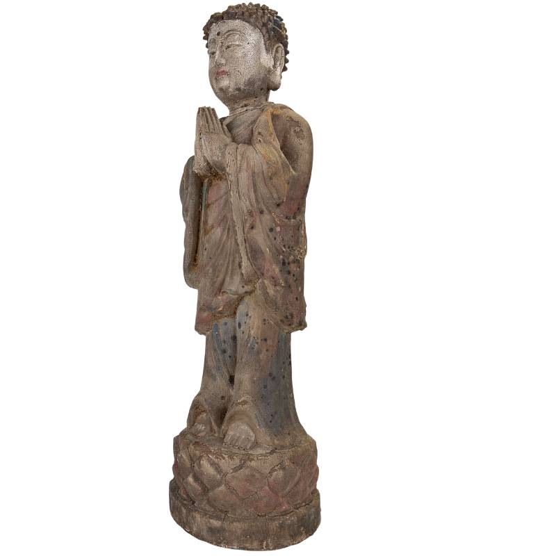 Chinese temple Buddha statue, wooden statue in a prayer posture
