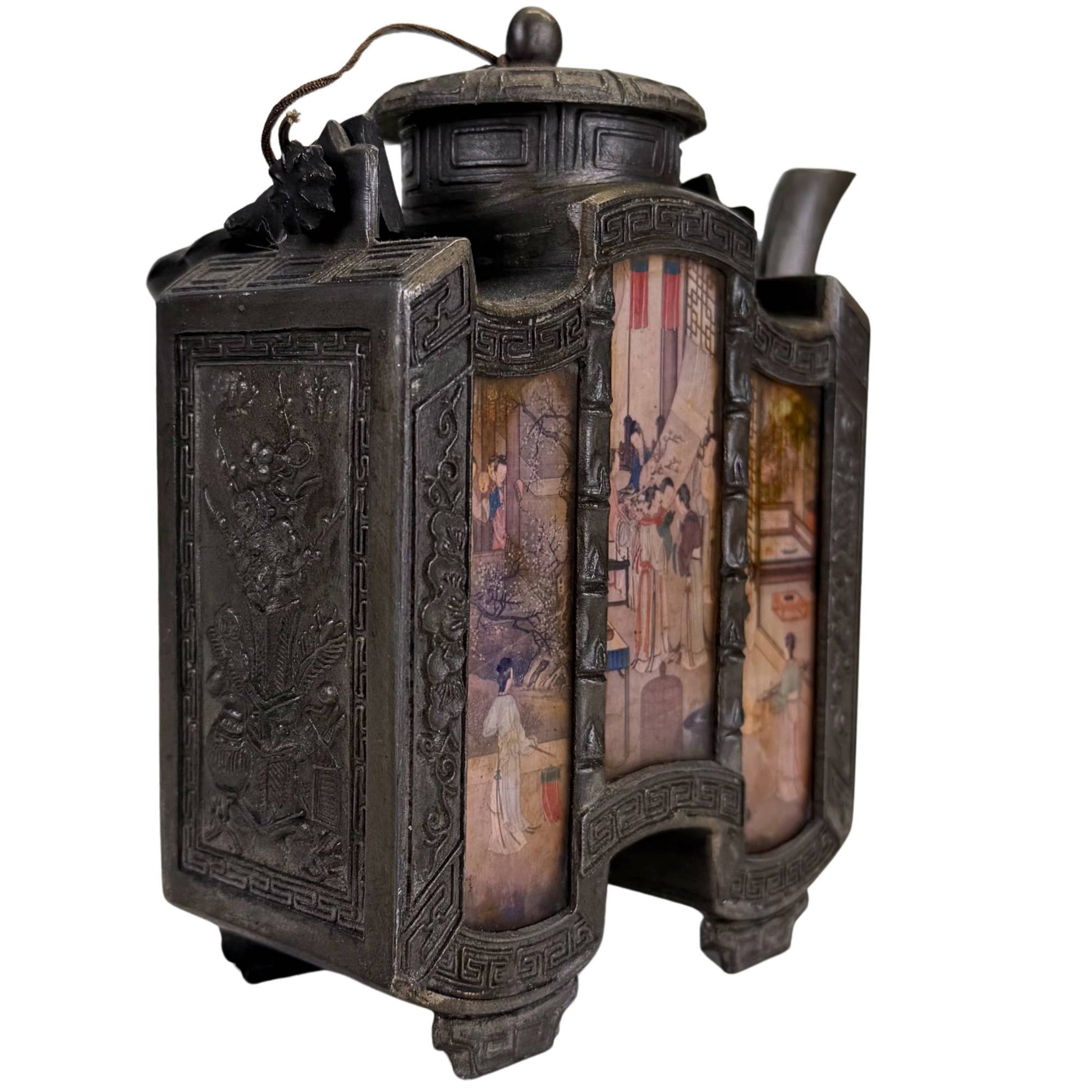 Chinese tea set with colorful hand-painted panels and old patina