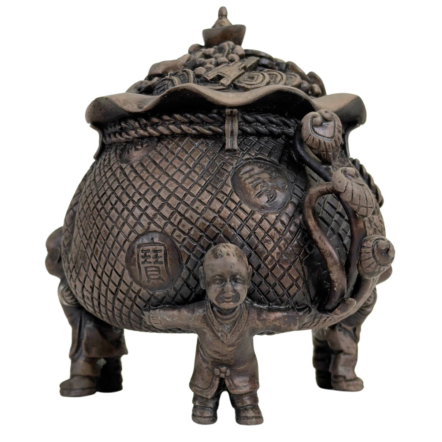 Chinese treasure basin filled with coins and symbols of wealth