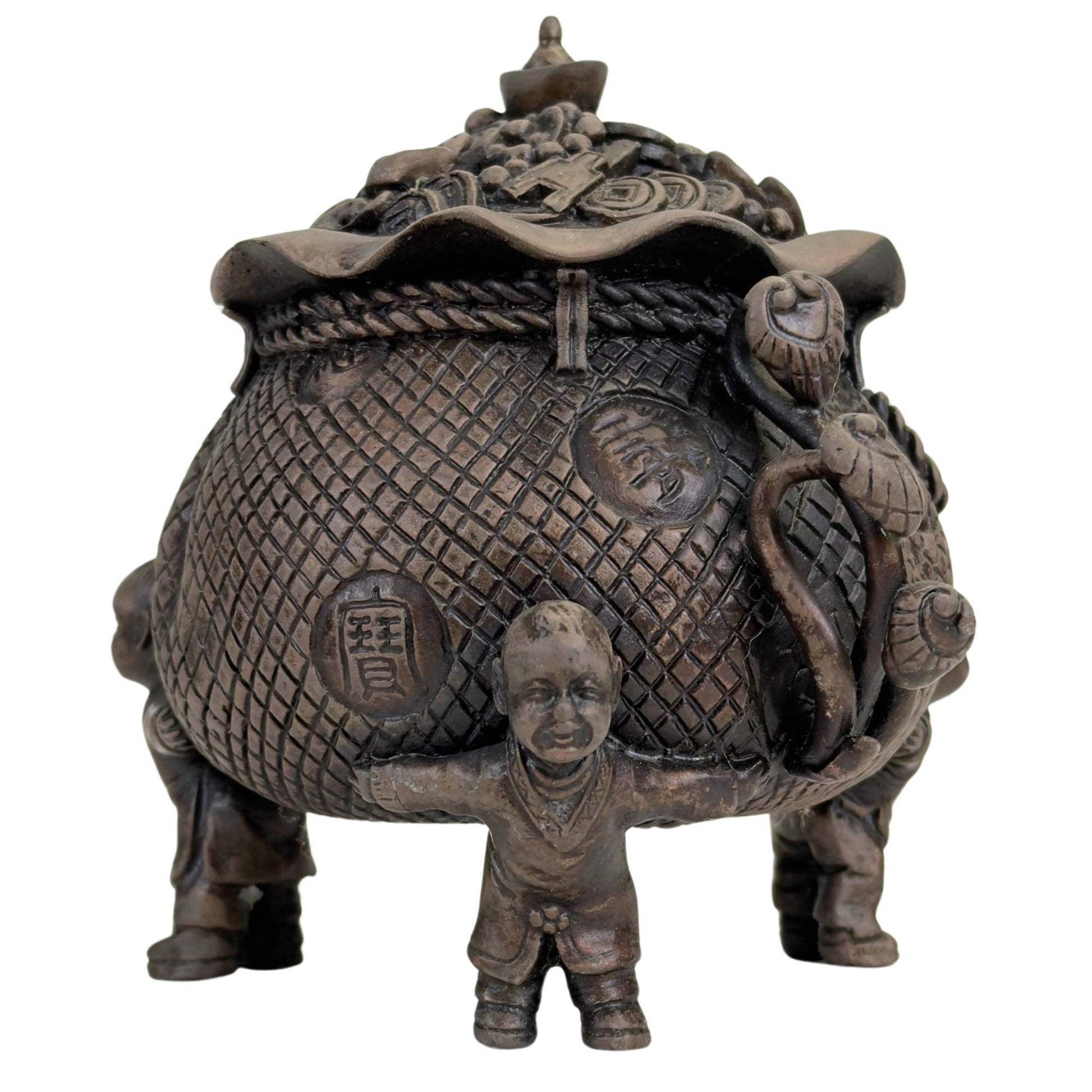 Chinese treasure basin filled with coins and symbols of wealth