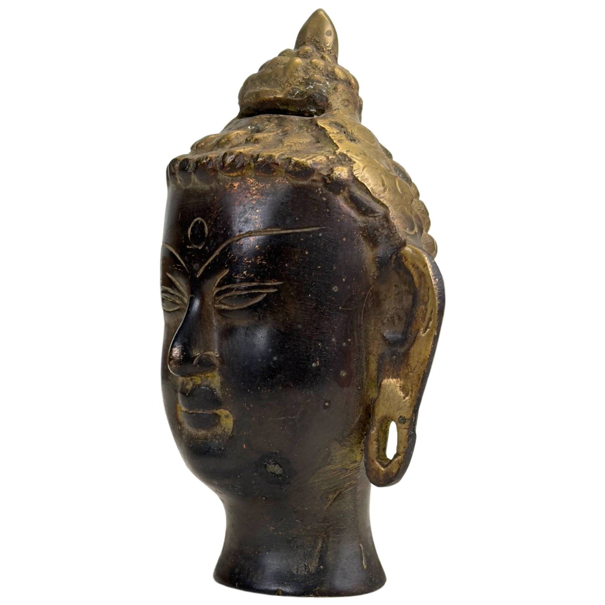Compact bronze Buddha head suitable for altar or interior