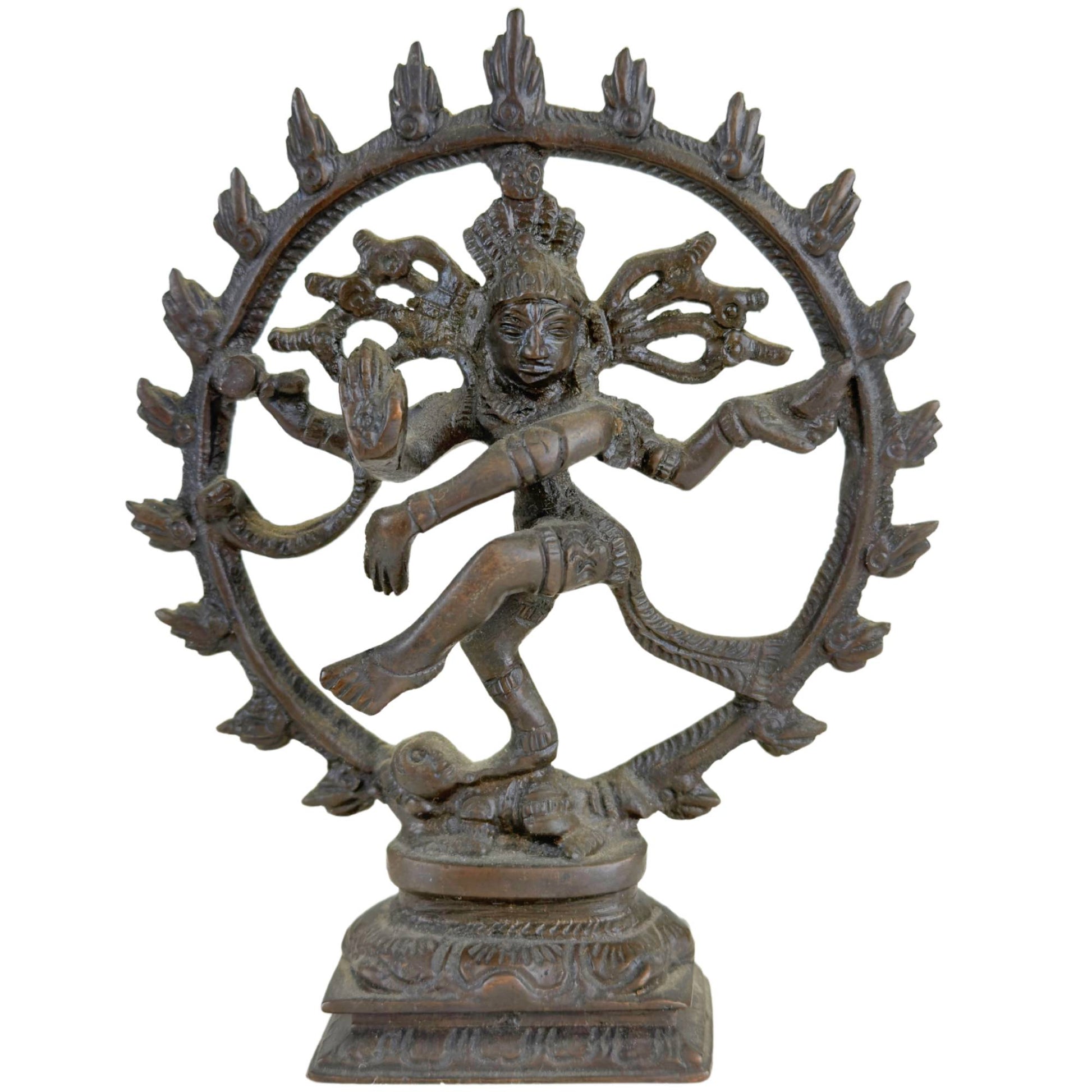 Compact bronze Shiva Nataraja statue from India with dark patina and cosmic dance pose