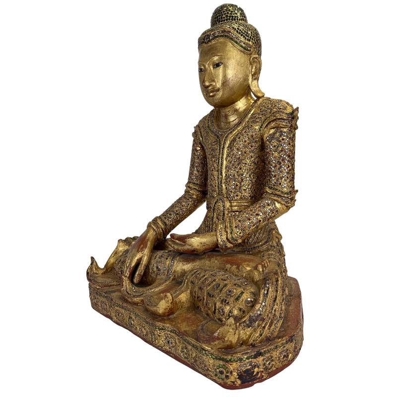 Decorative wooden Buddha with gilded glass inlay, powerful interior object