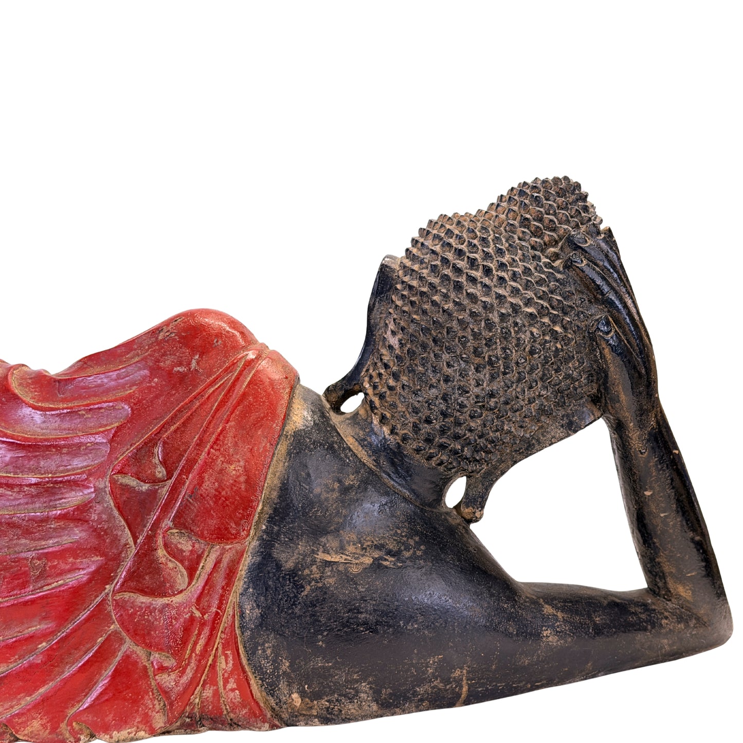 Rear detail of the head, hand and curled hair of the reclining Buddha