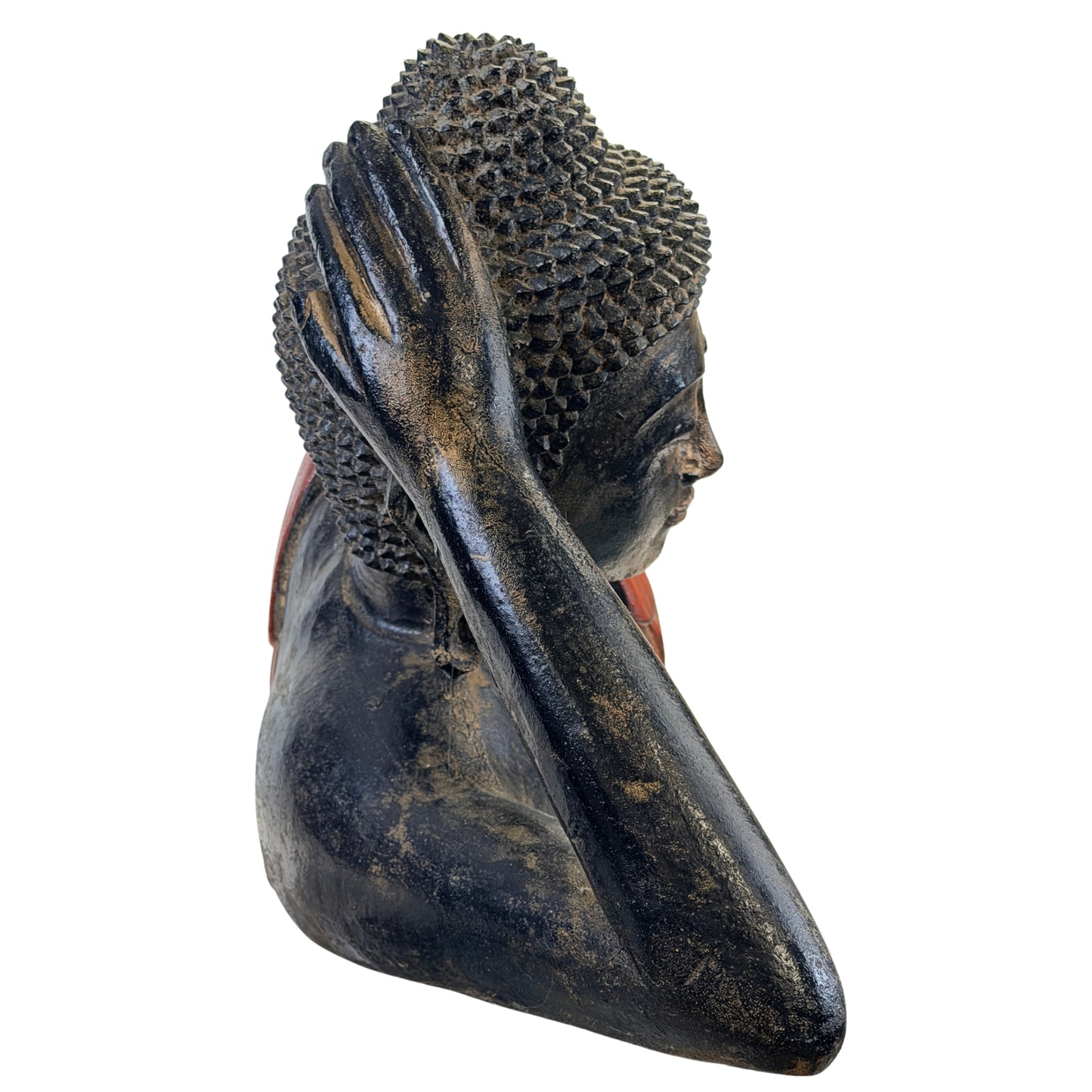Detail of the supporting hand, arm and hair curls of the Burmese Buddha