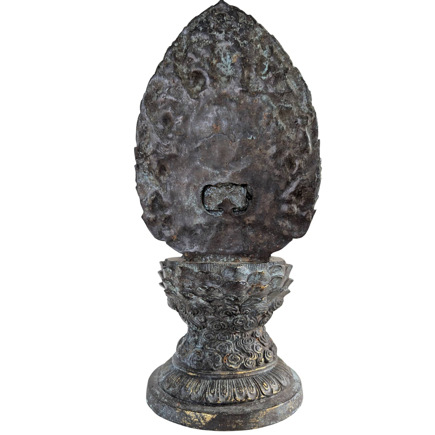 Close-up of the heavy multi-layered lotus throne of the 3.5 kg bronze statue.