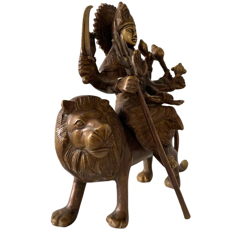 Bronze Durga statue on a lion – ancient Hindu goddess statue from India