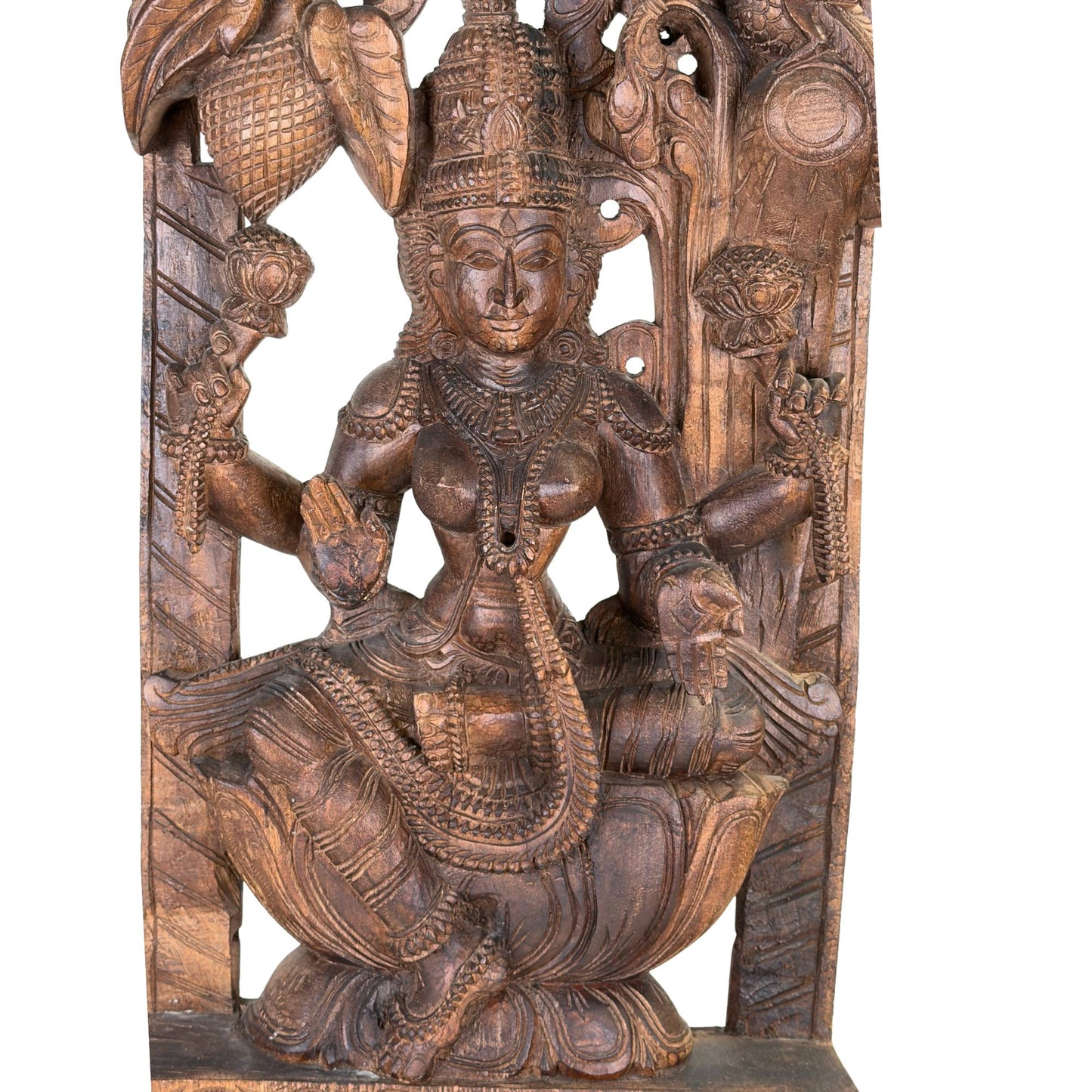 Side view of the 94 cm high Indian panel illustrating the deep woodcarving