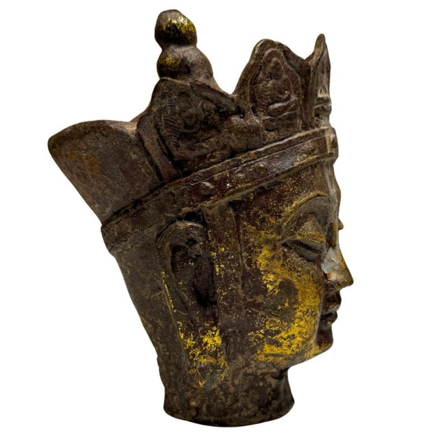 Antique head of Dizang Pusa in gilded cast iron, Chinese Buddhist temple fragment