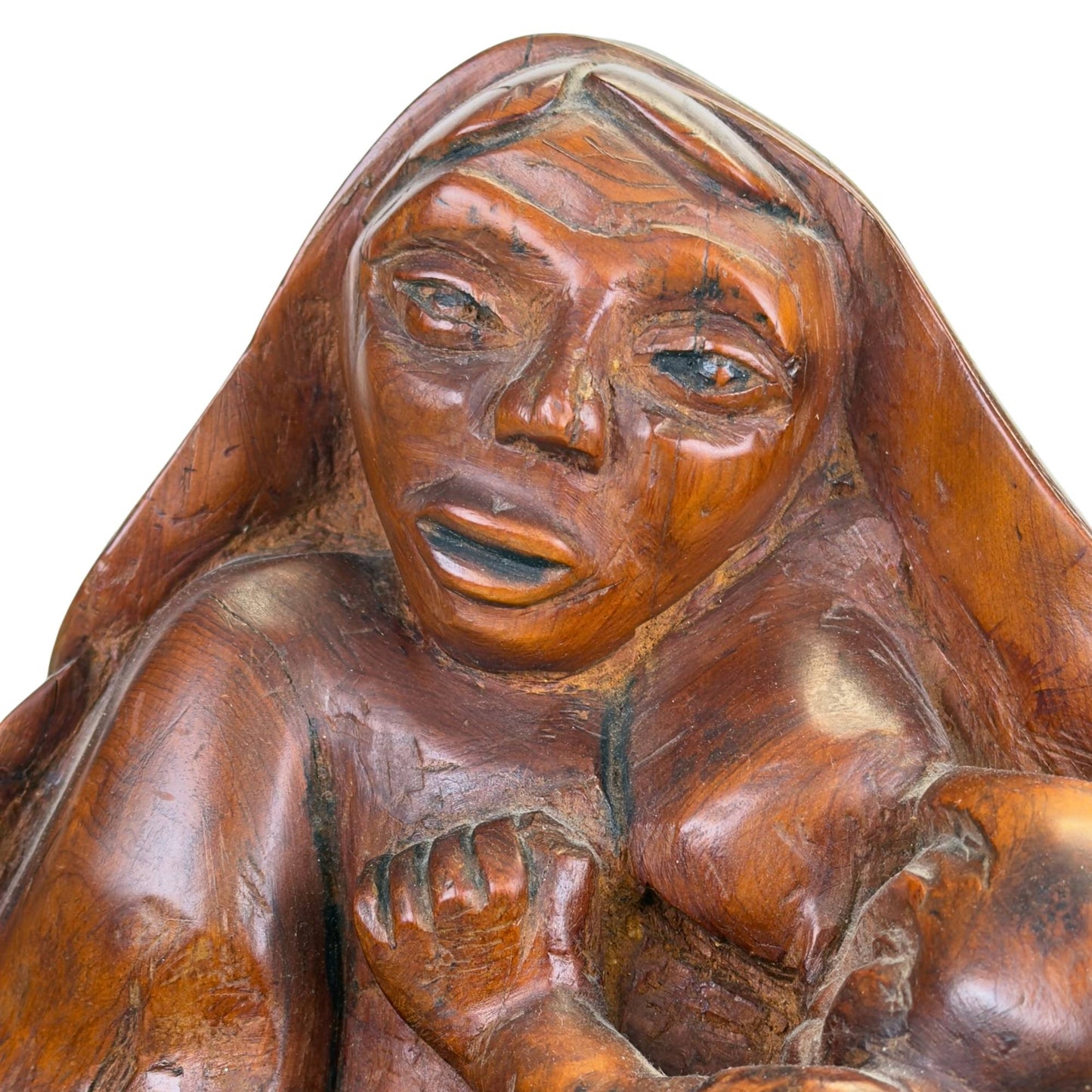Wooden Mary sculpture with deep dark patina and character