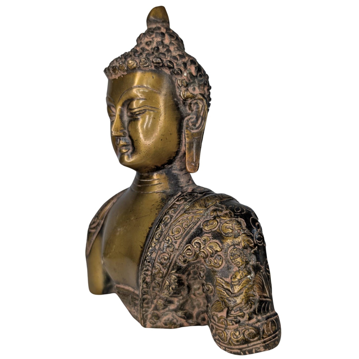 Focus on the characteristic hair bun (ushnisha) and the natural darkening in the grooves.