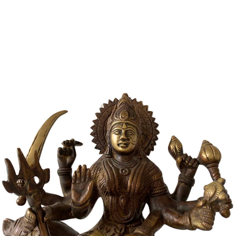 Durga statue in bronze with multiple arms on a lion – Hindu goddess from India