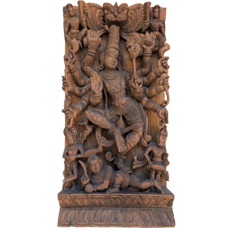 Durga Mahishasura wooden panel South India temple relief