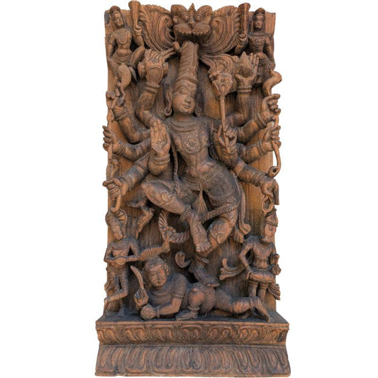 Durga Mahishasura wooden panel South India temple relief