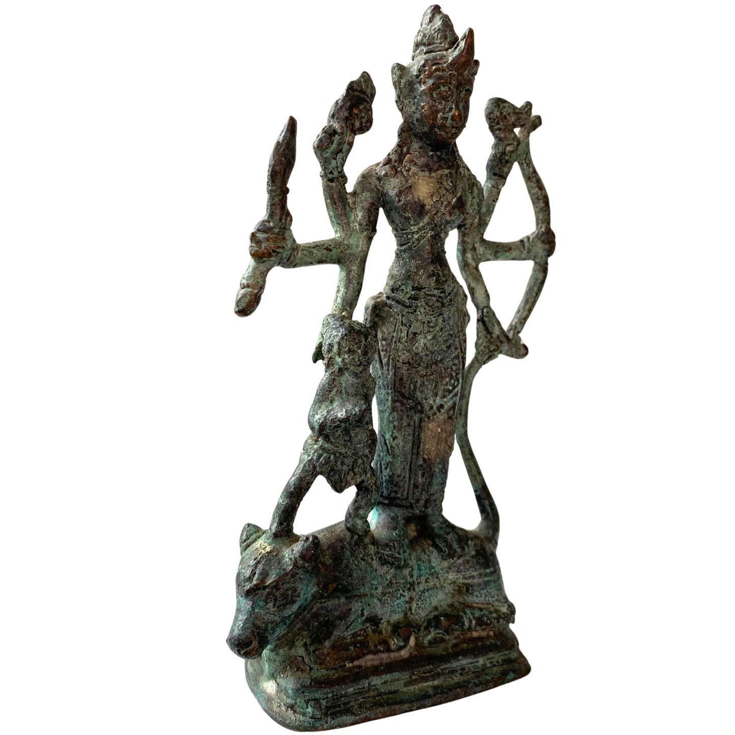 A three-quarter view shows the deep green patina and the eight arms of the goddess.
