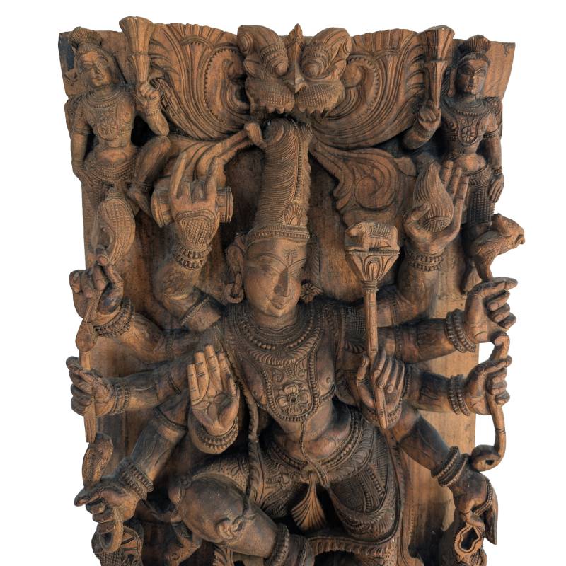 Durga panel wood India religious sculpture wall panel