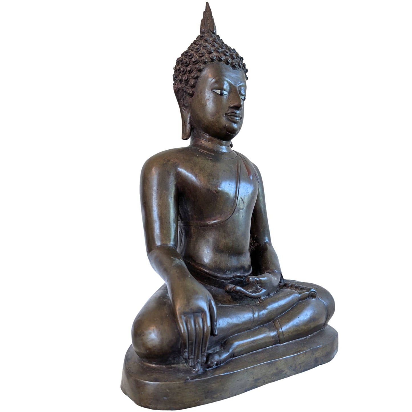 Antique bronze Lan Xang Buddha with ivory eyes and fire gilding