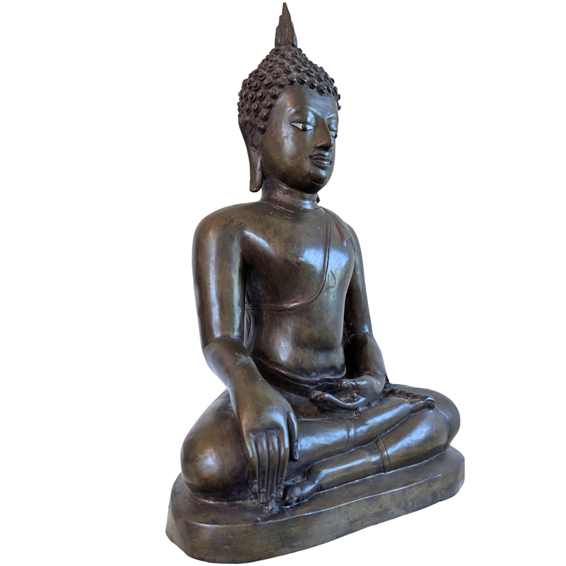 Antique bronze Lan Xang Buddha with ivory eyes and fire gilding
