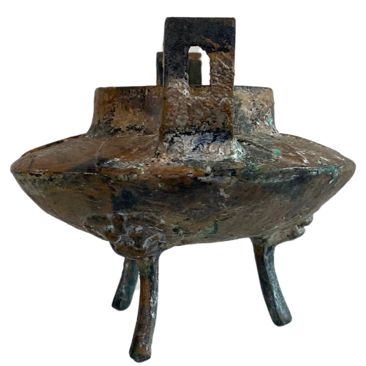Three-quarter view focusing on the rare snake relief inside the iron barrel.