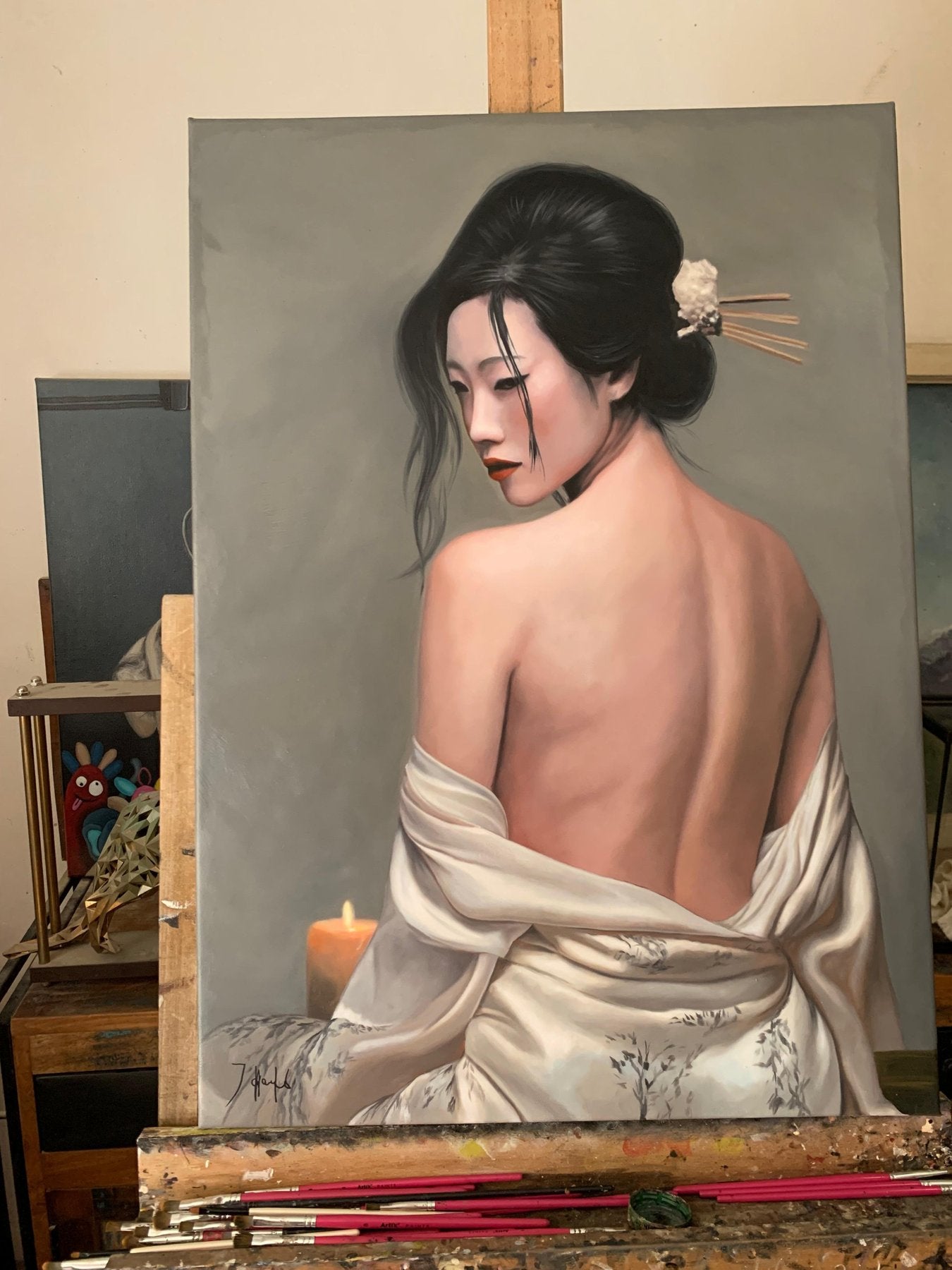 Exclusive Asian artwork of a seated geisha with a bare back, painted in oil on canvas for high-end interior design.