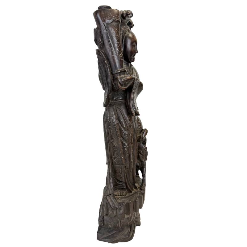 Forensic analysis of antique hardwood with silver wire inlay and natural patina.
