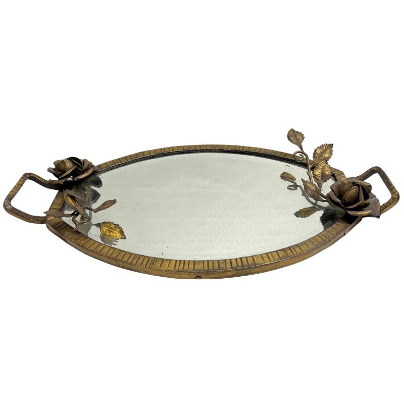 Oval bronze tray with mirror glass and floral decorations from Paris
