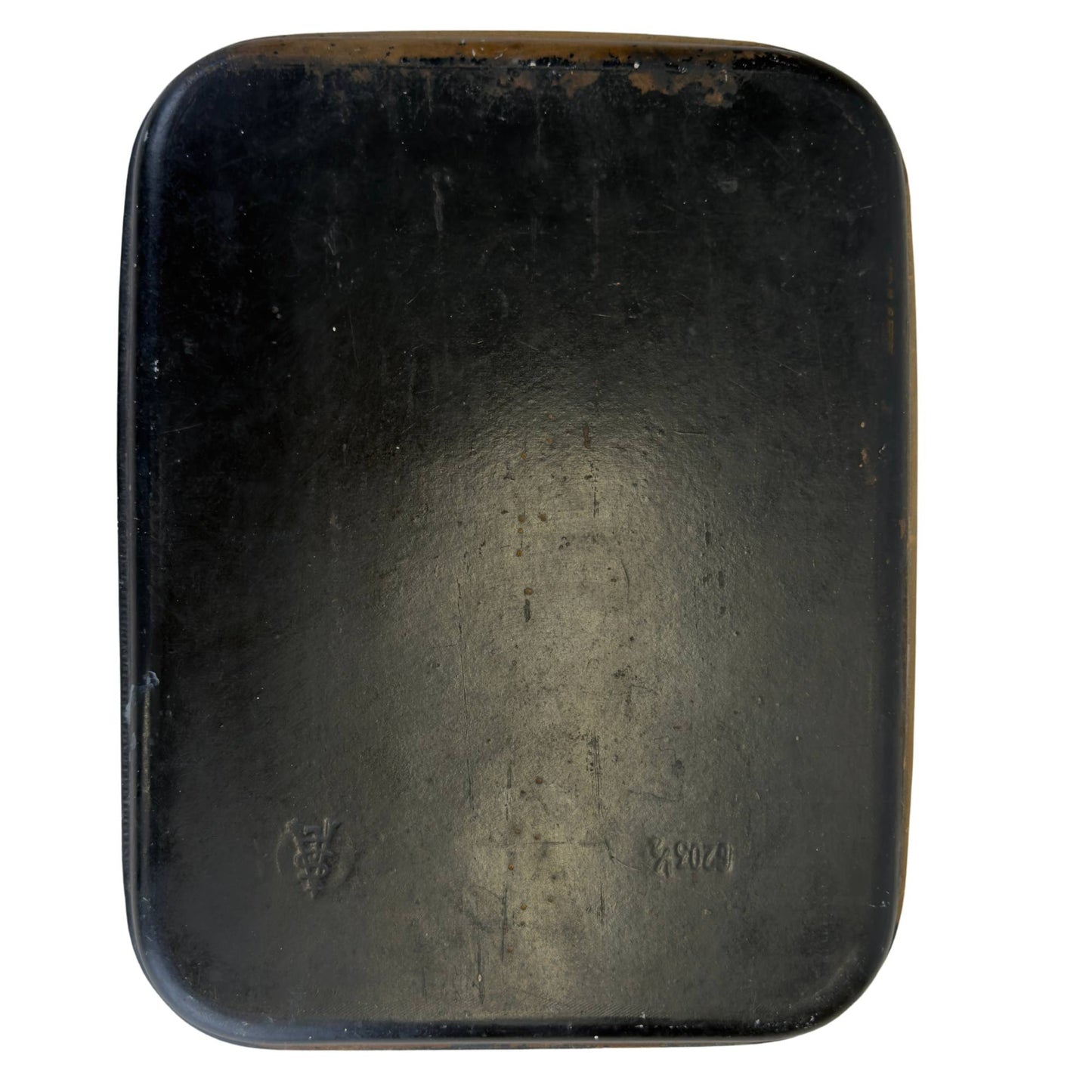 Back of antique French papier-mâché tray with blind stamp and model number 10203½