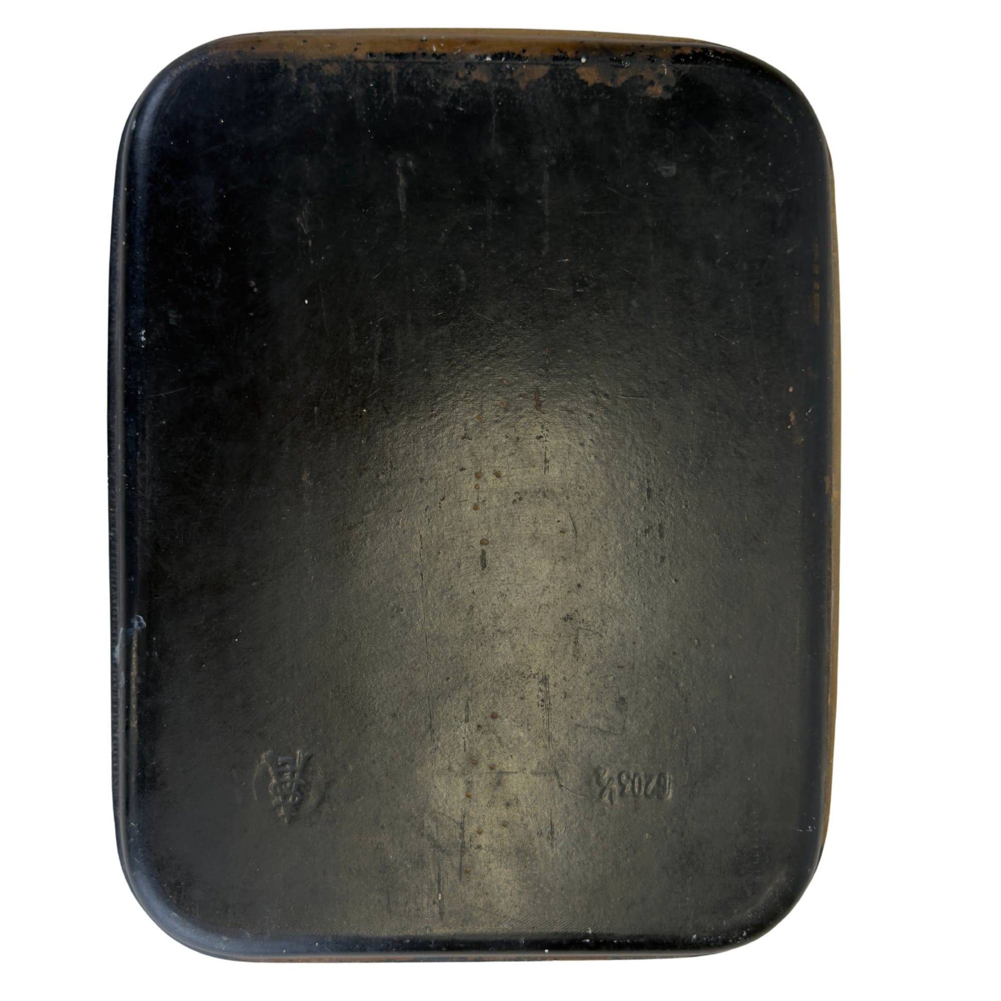 Back of antique French papier-mâché tray with blind stamp and model number 10203½