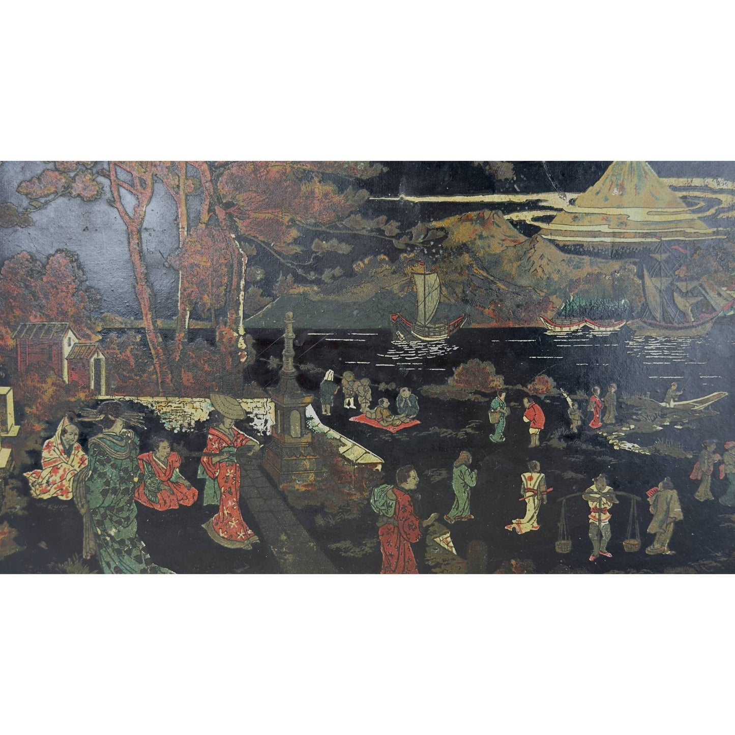 Detail of a Japonism landscape with figures, boats, and Mount Fuji on an antique tray.