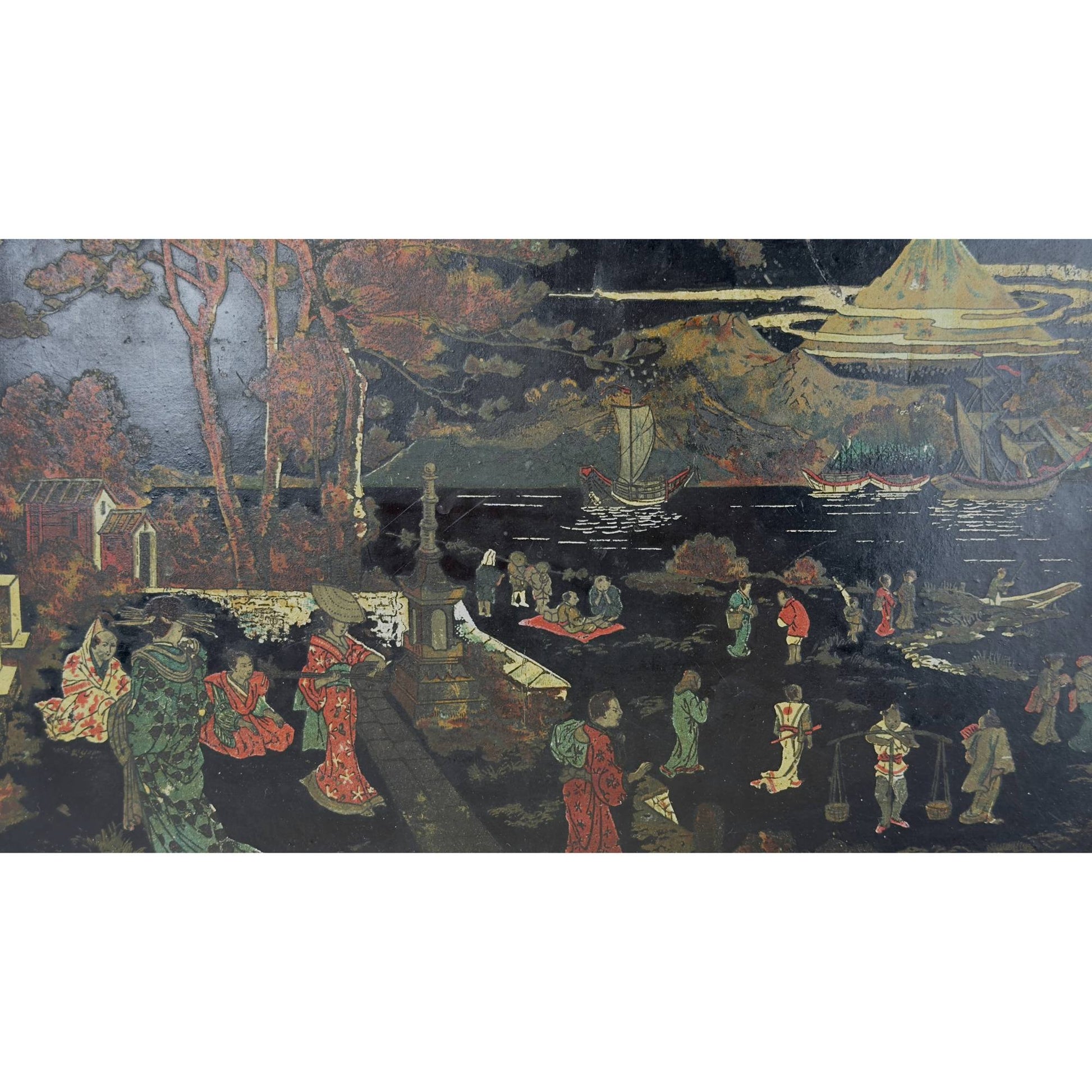 Detail of a Japonism landscape with figures, boats, and Mount Fuji on an antique tray.