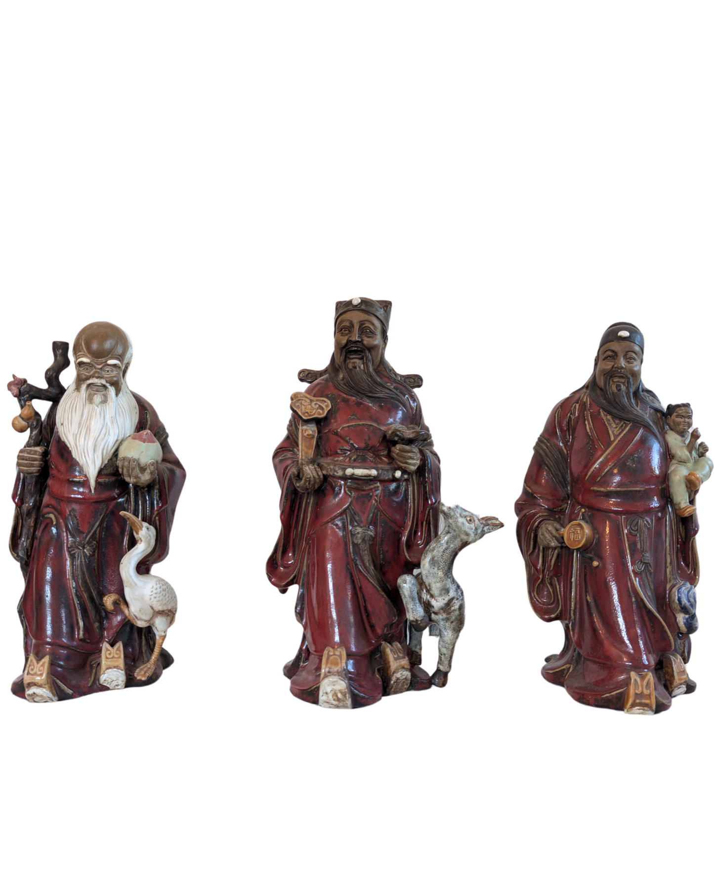 Complete set of the three Chinese star gods Fu, Lu, and Shou in glazed ceramic.
