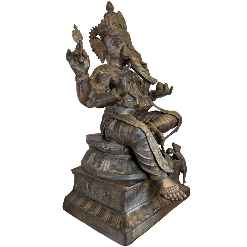 Ganesha statue, bronze ormolu plated Nepal temple statue with rat