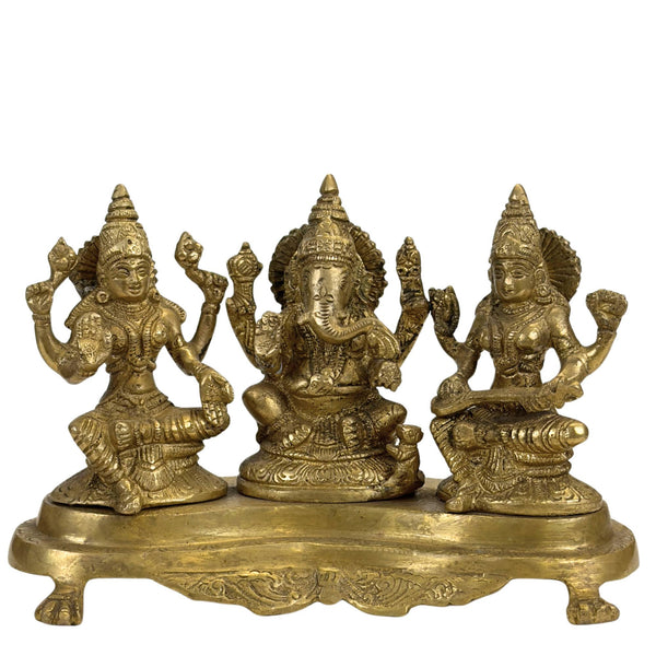 Heavy Indian Brass Altar Statue of Ganesha, Lakshmi, and Saraswati – 3 kg (antique)