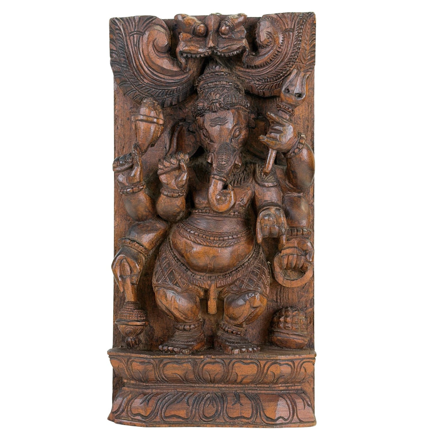 Carved wooden panel with Ganesha from India with traditional Hindu iconography