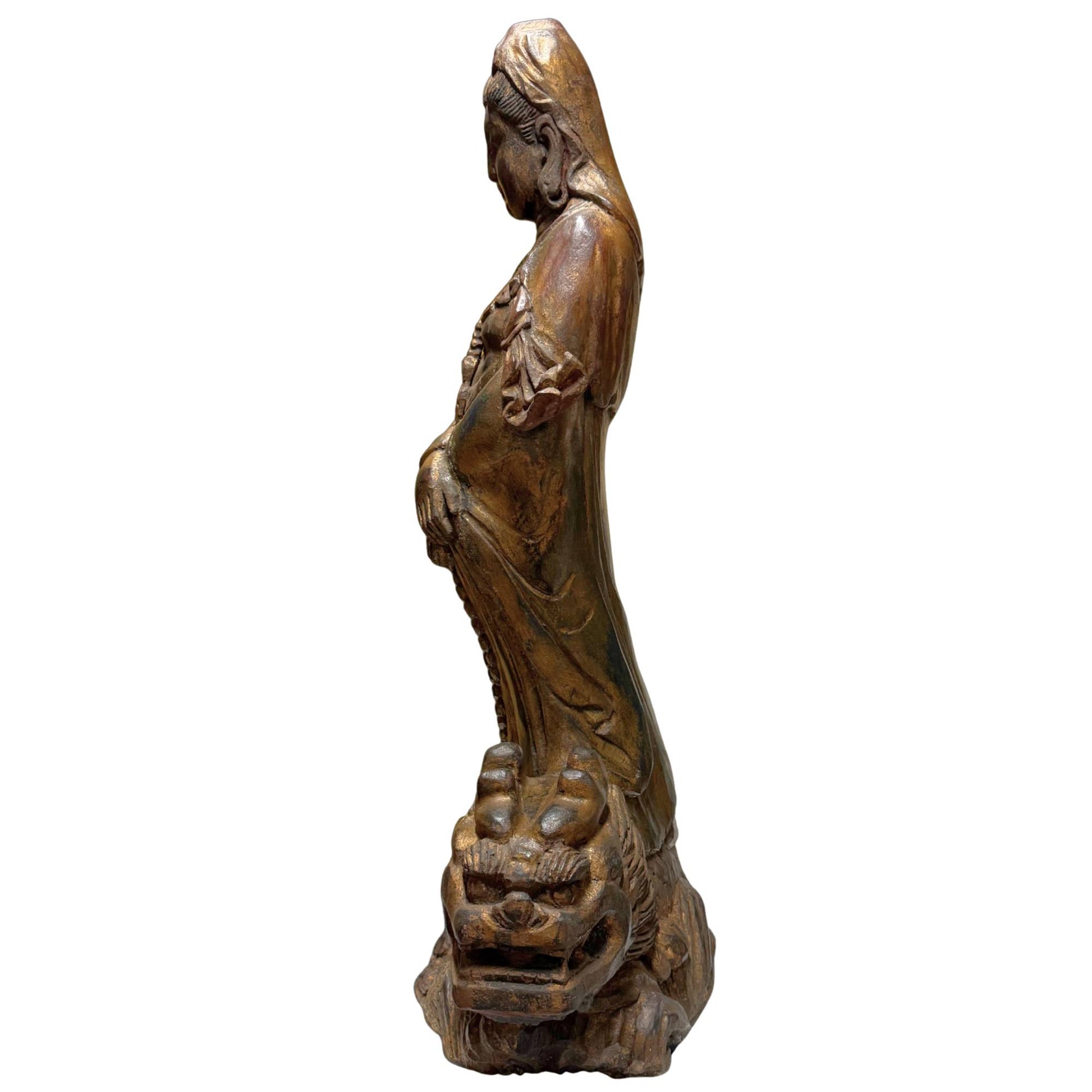 Validated Qing Dynasty wooden temple statue Kwanyin dragon