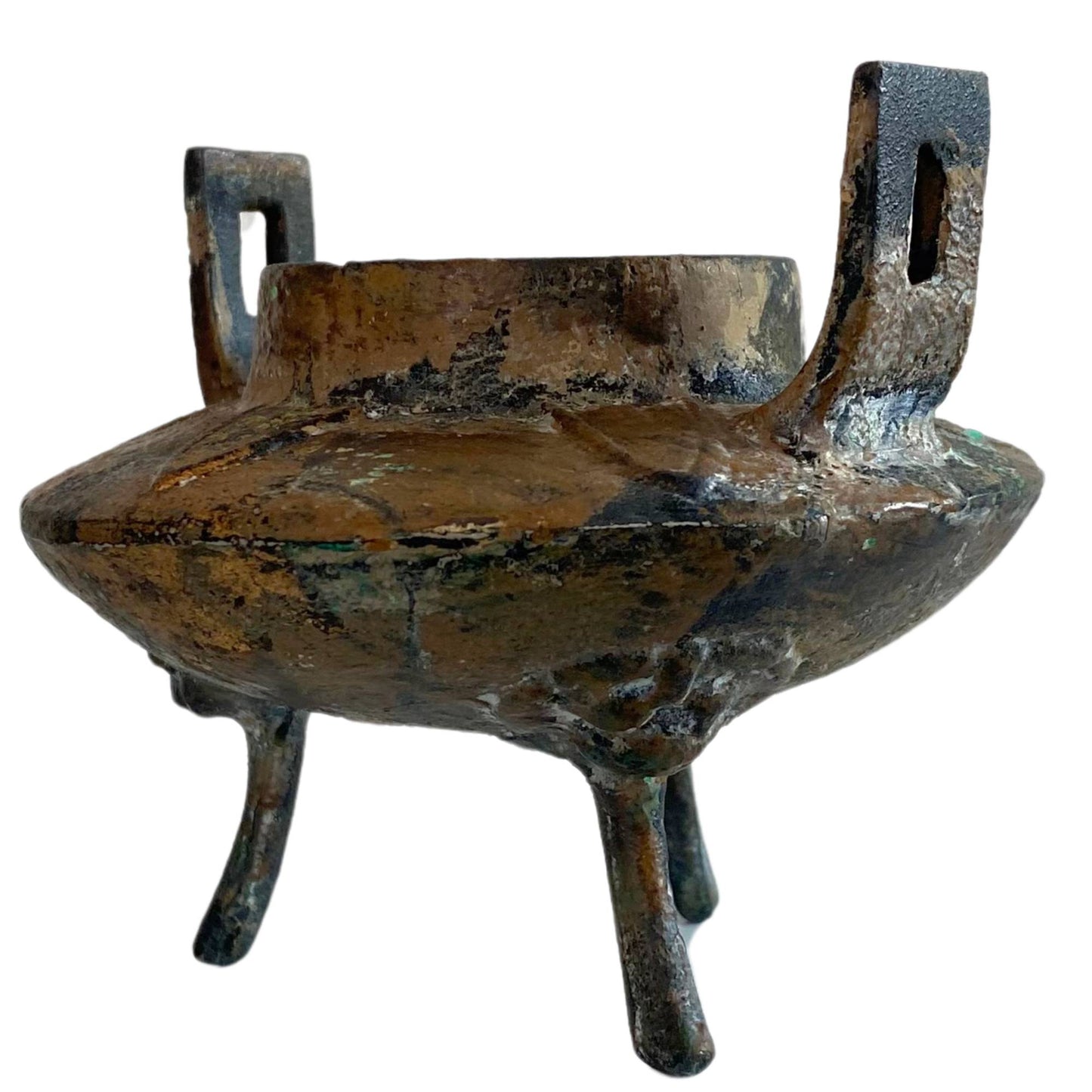 Close-up of the cast-iron tripod legs with archaic Taotie masks.