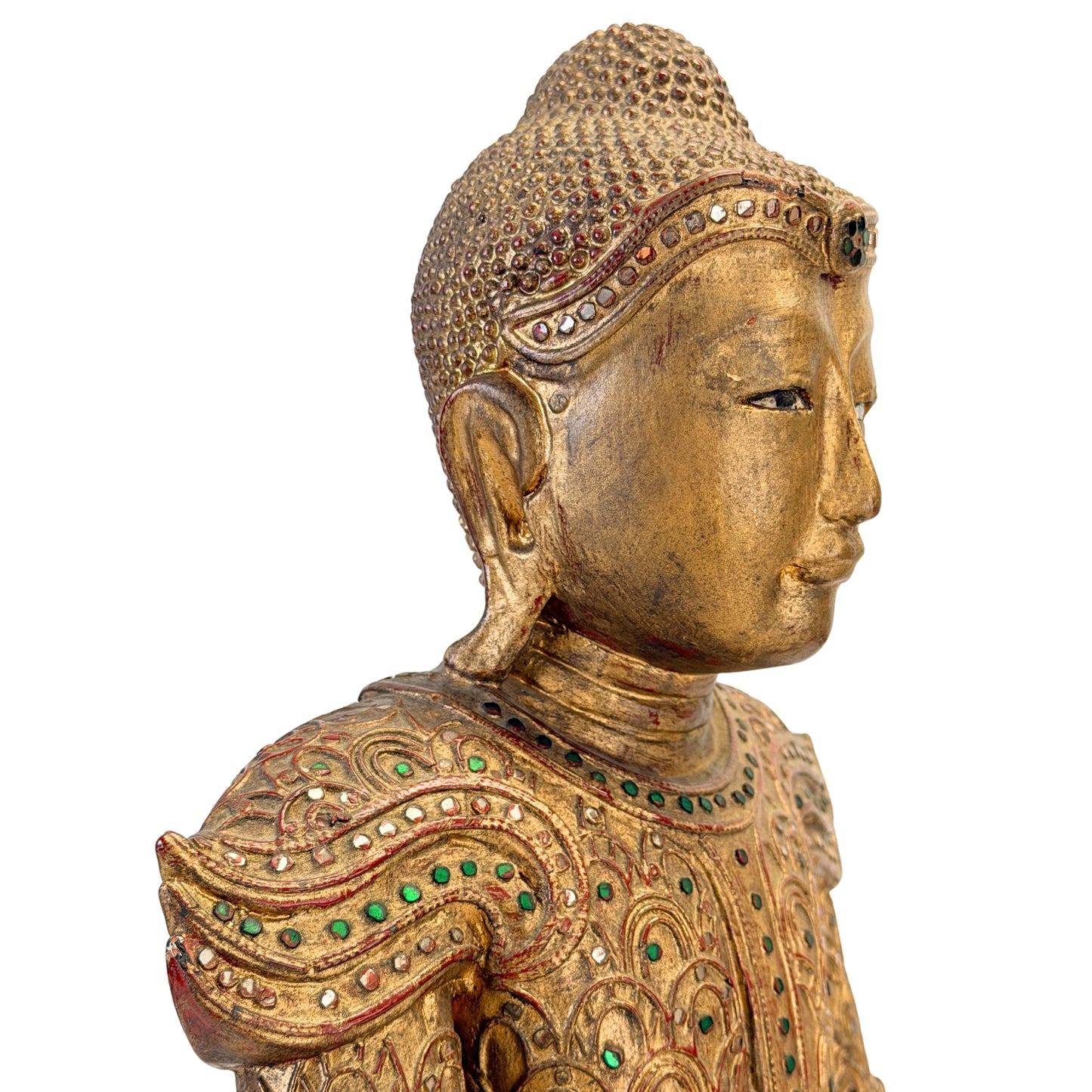Detail of the gilt face and royal shoulder ornament of the Jambupati Buddha, SKU 738