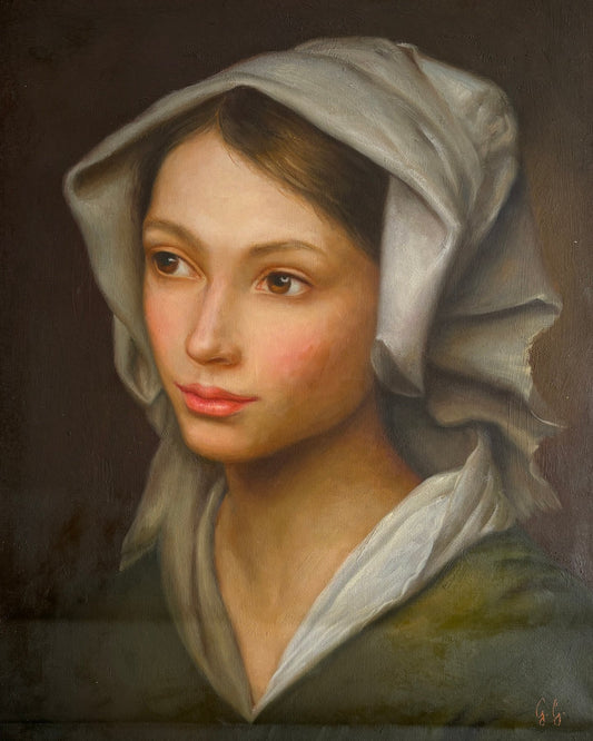 Vooraanzicht van het originele olieverfschilderij Innocenza Divina door de Italiaanse kunstenaar Giuseppe Giglio.