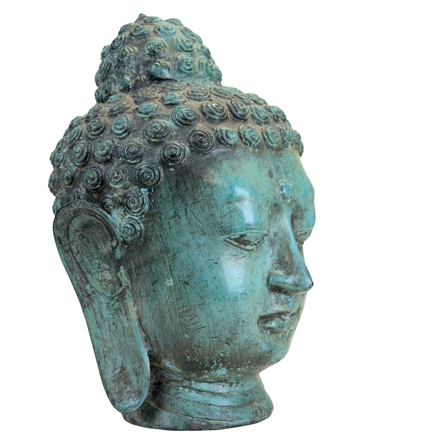 Green patinated Buddha head of hand-cast bronze