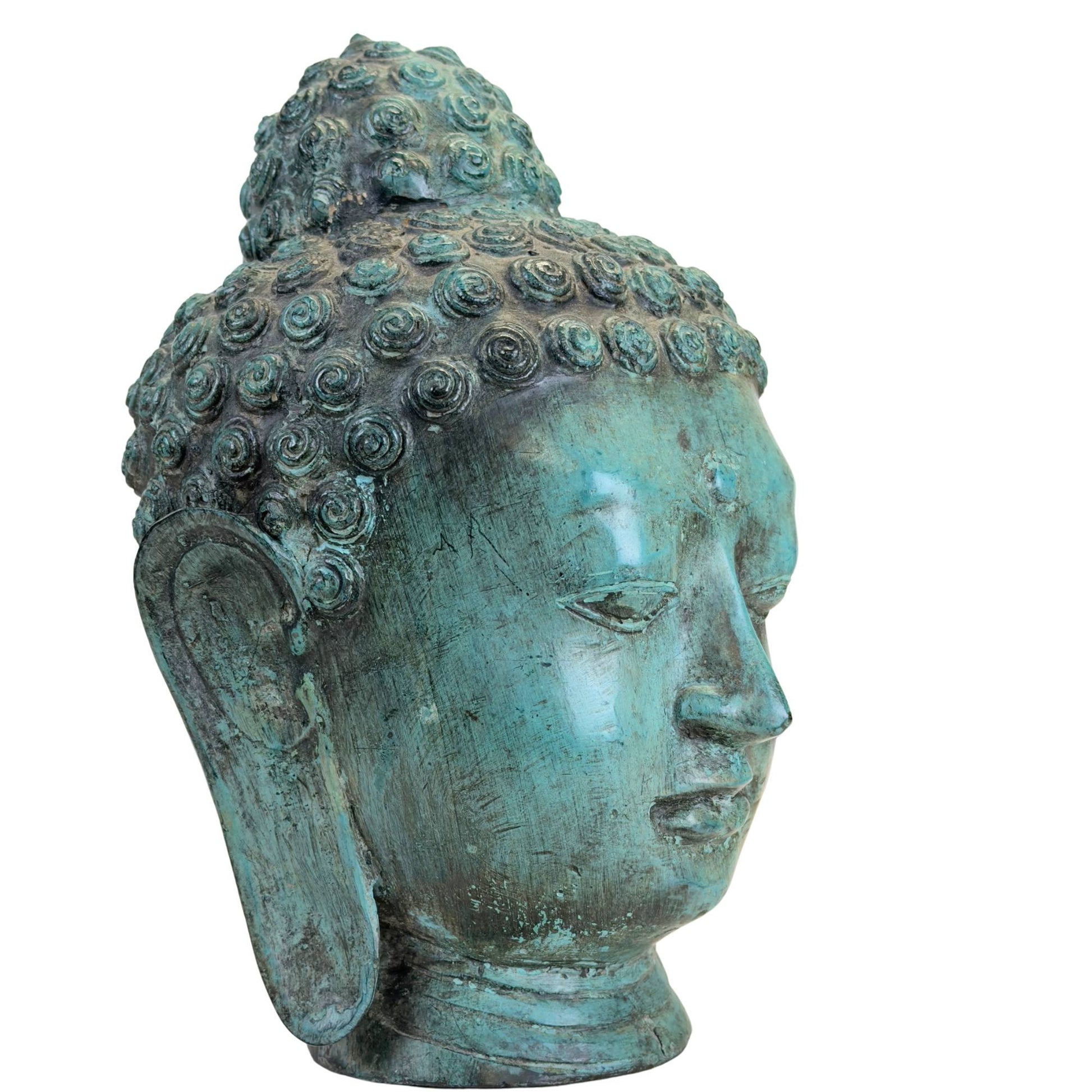 Green patinated Buddha head of hand-cast bronze