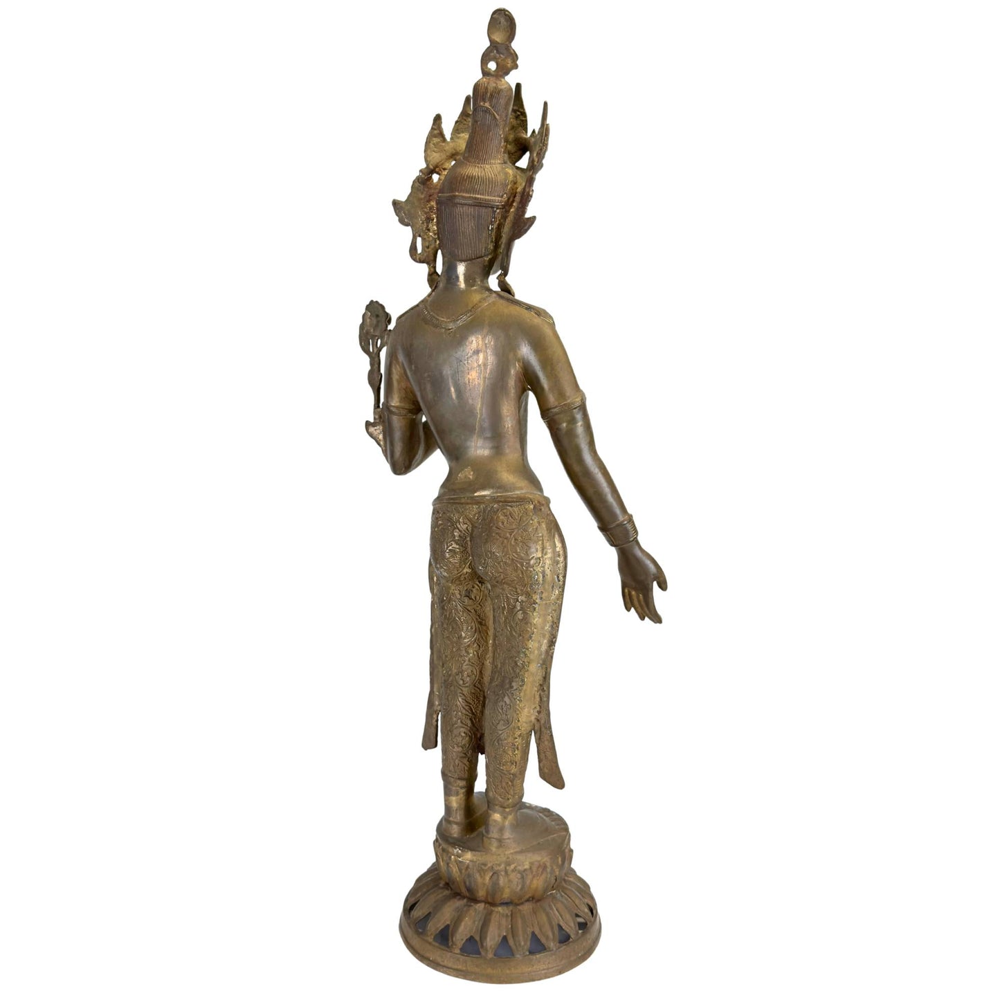 Right front of an antique Green Tara with lotus flower and original fire gilding.